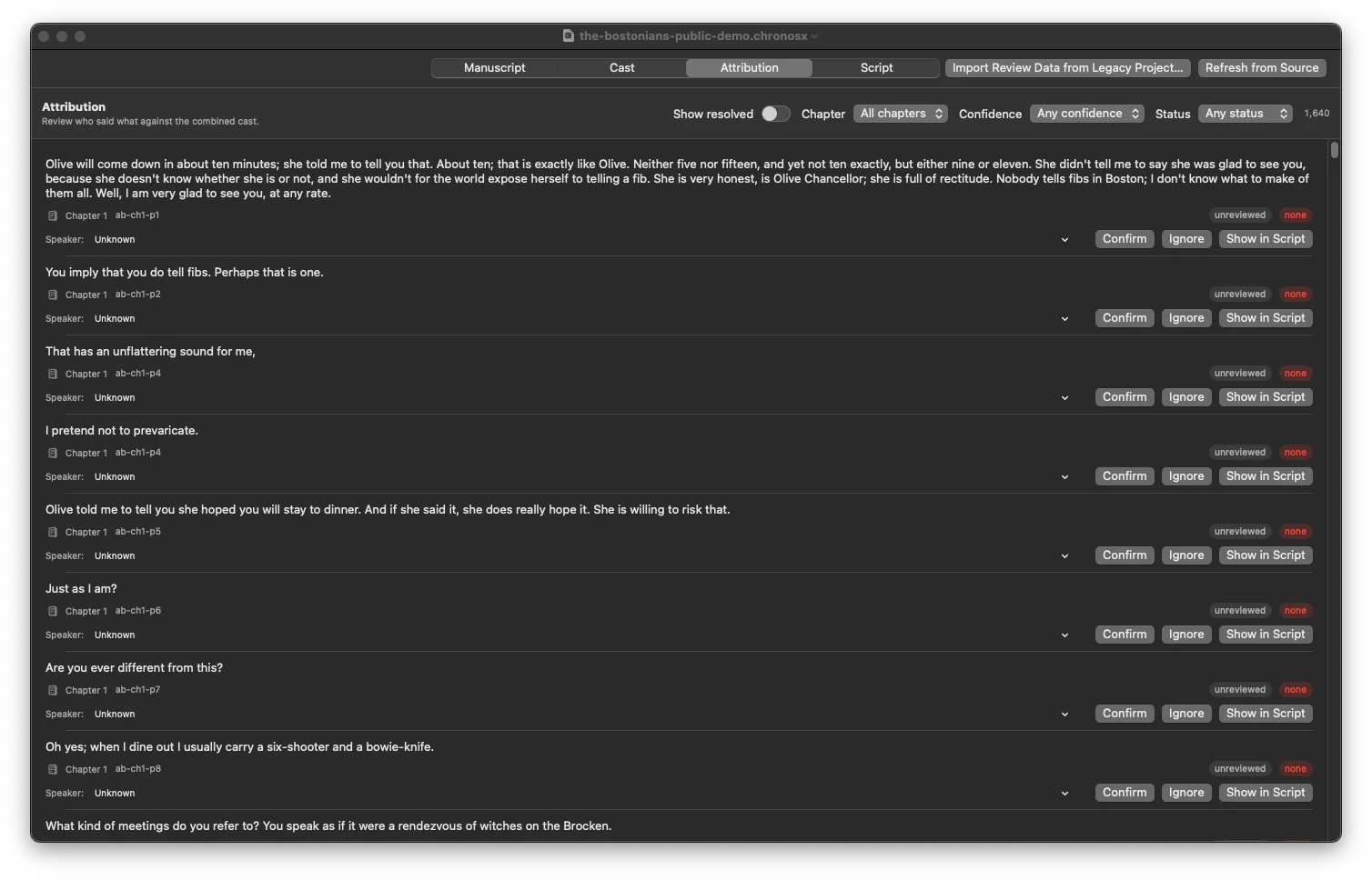 Chronos Attribution workspace showing source dialogue in a review queue with chapter, confidence, status, speaker, confirm, ignore, and show-in-script controls.