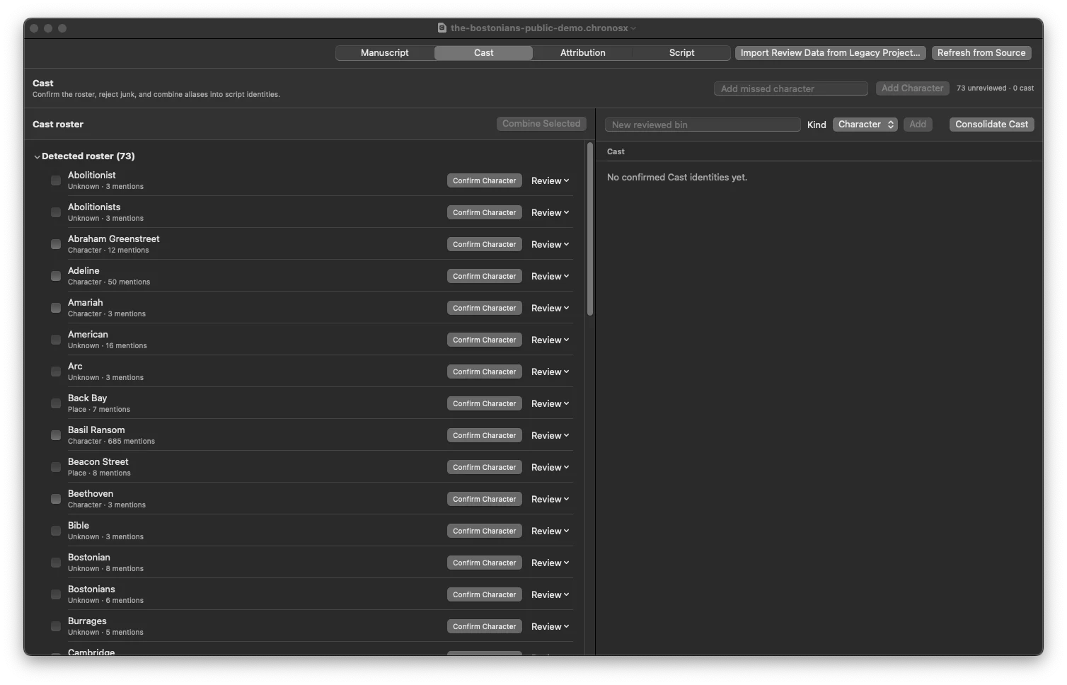 Chronos Cast workspace showing a detected roster of people, places, and uncertain terms beside an empty confirmed cast, with controls for review, confirmation, and consolidation.