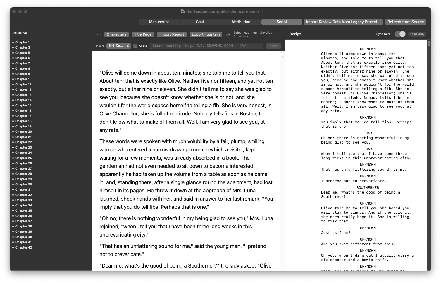 Chronos Script workspace showing the source manuscript, chapter outline, generated screenplay projection, scene controls, character review, title page, import report, and Fountain export.